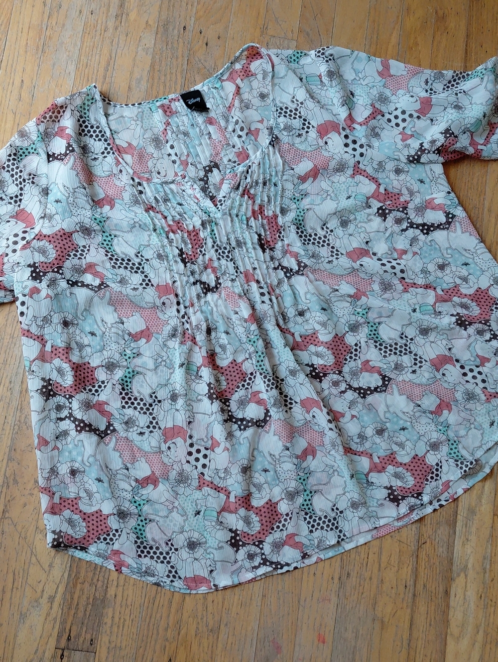 Disney Winnie The Pooh Pintuck Peasant Blouse with Green, Light Red & Brown